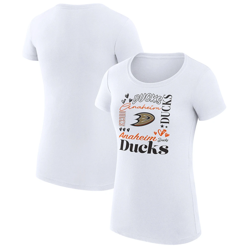 Women's G-III 4Her by Carl Banks White Anaheim Ducks Super-Slim Fit Lightweight Collage Team Graphic T-Shirt