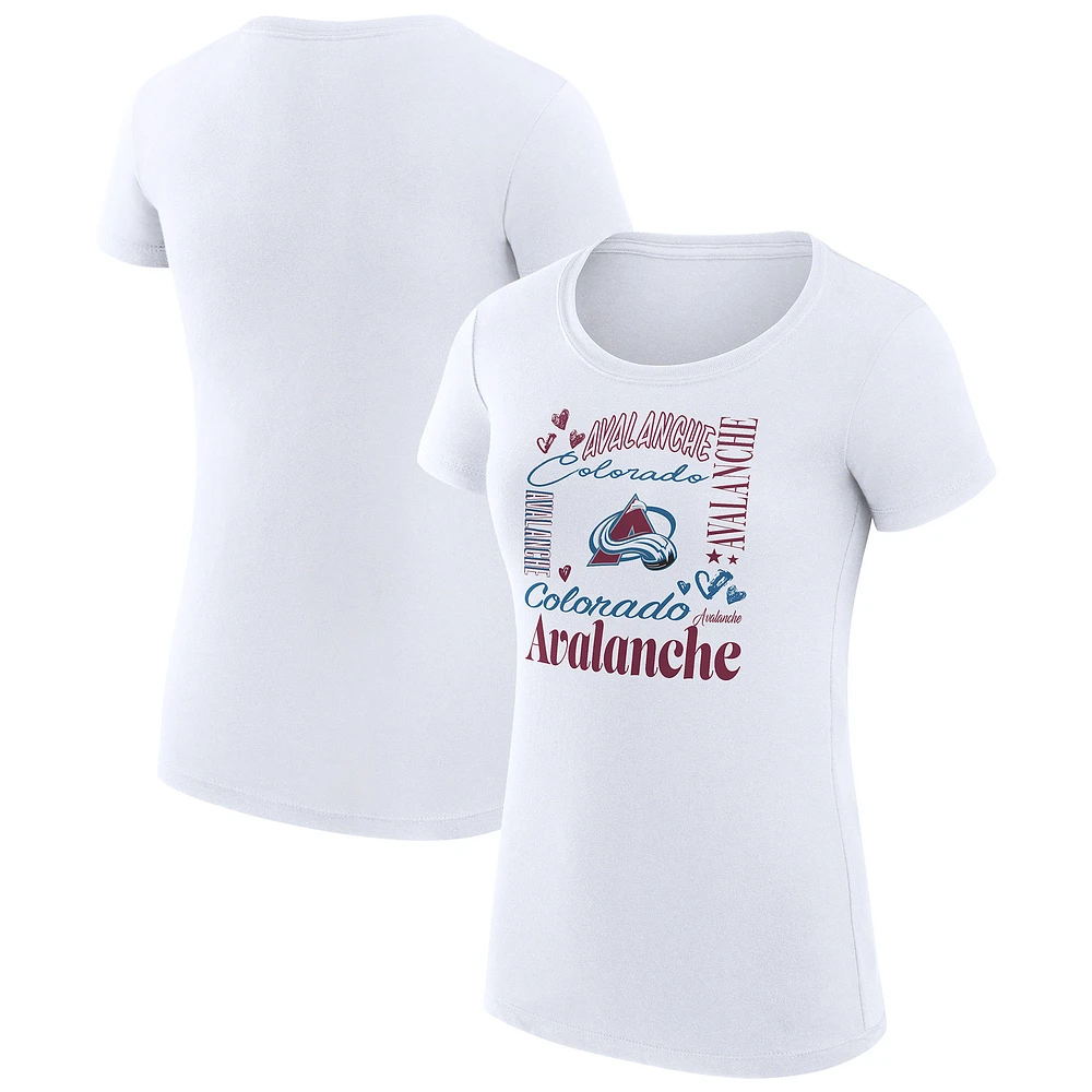 Women's G-III 4Her by Carl Banks White Colorado Avalanche Super-Slim Fit Lightweight Collage Team Graphic T-Shirt