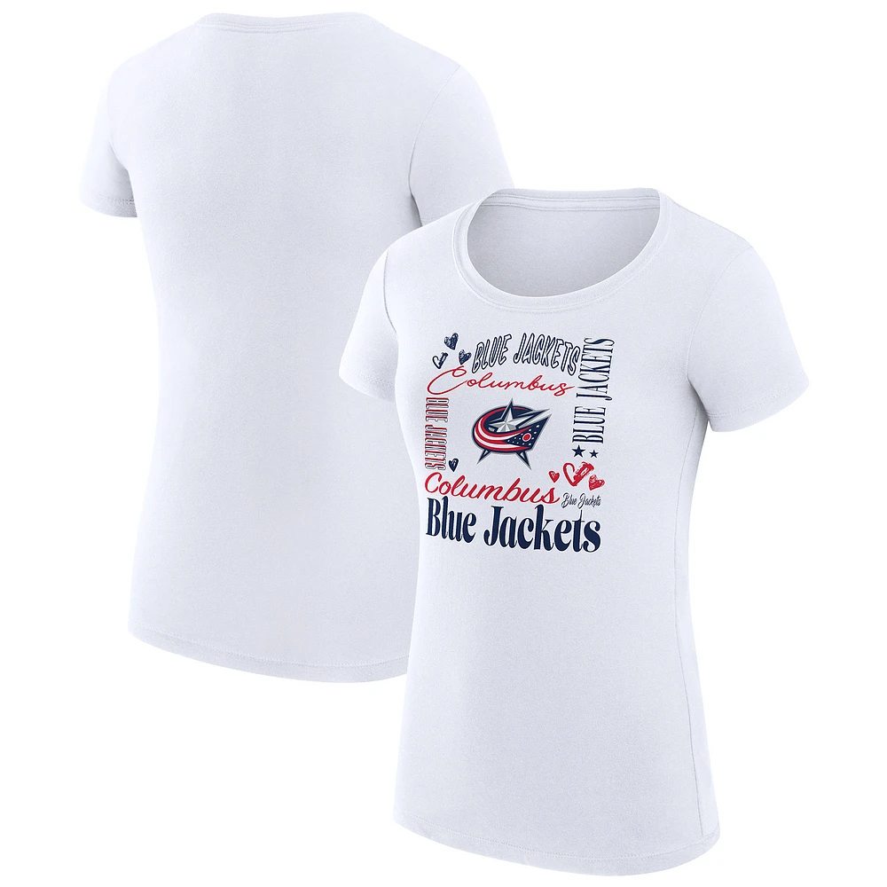 Women's G-III 4Her by Carl Banks White Columbus Blue Jackets Super-Slim Fit Lightweight Collage Team Graphic T-Shirt