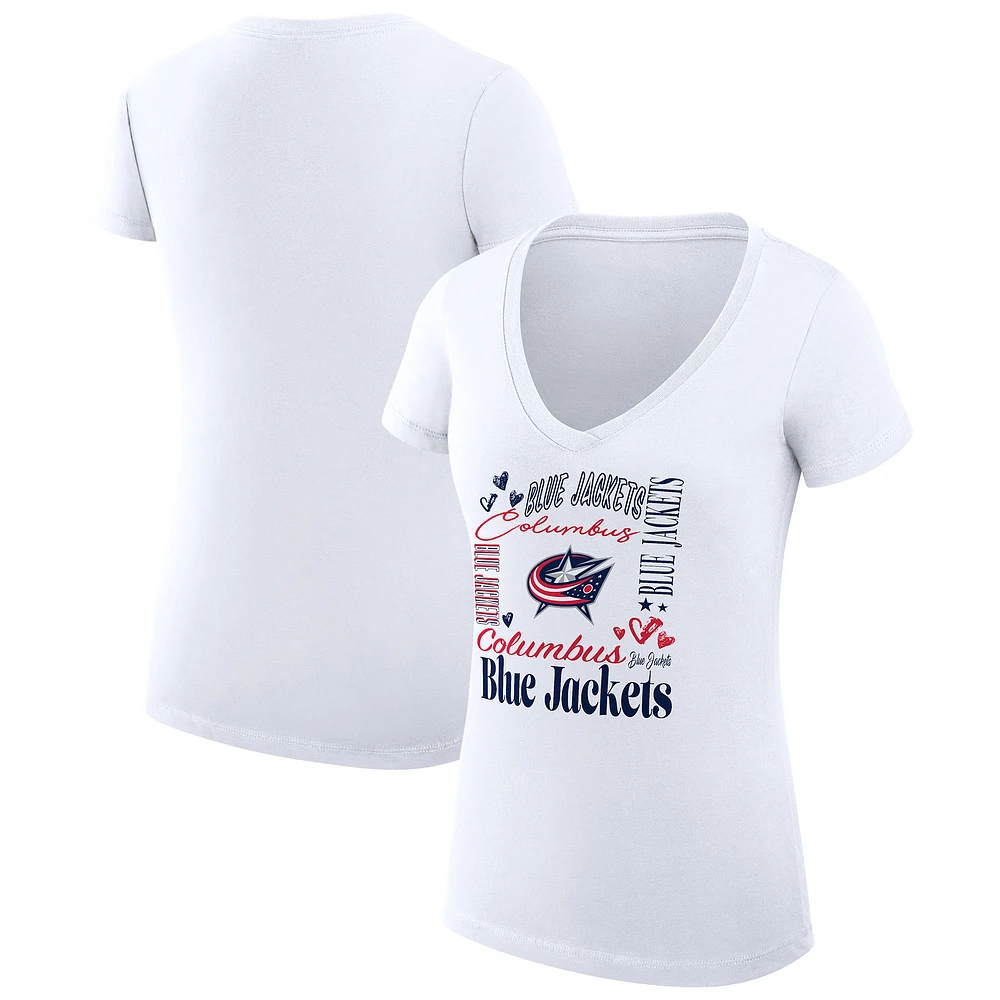 Women's G-III 4Her by Carl Banks White Columbus Blue Jackets Super-Slim Fit Lightweight Collage Team Graphic T-Shirt