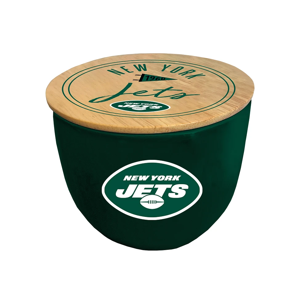 Pegasus New York Jets 16oz. Script Circle Wood Top Ceramic Candle