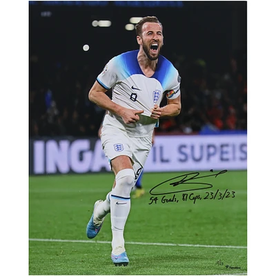Harry Kane England National Team Autographed 16" x 20" White Jersey Celebrating 54th Goal Photograph with Multiple Inscriptions - Limited Edition of 23