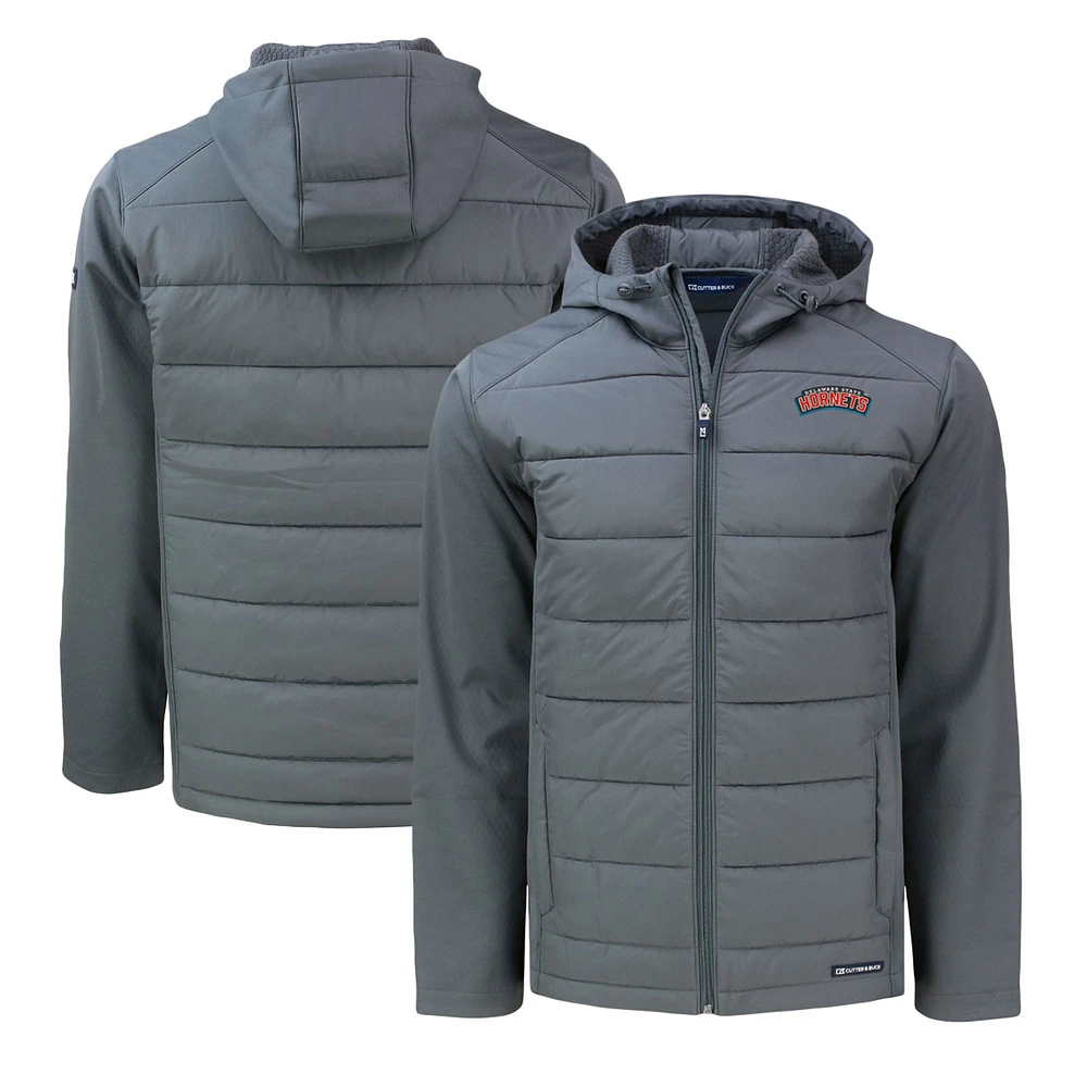 Men's Cutter & Buck Charcoal Delaware State Hornets Evoke Hybrid Eco Softshell Recycled Full-Zip PrimaLoft Hoodie