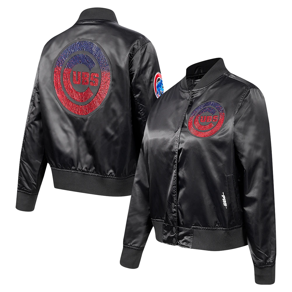 Women's Pro Standard Black Chicago Cubs Rhinestone Satin Full-Snap Jacket