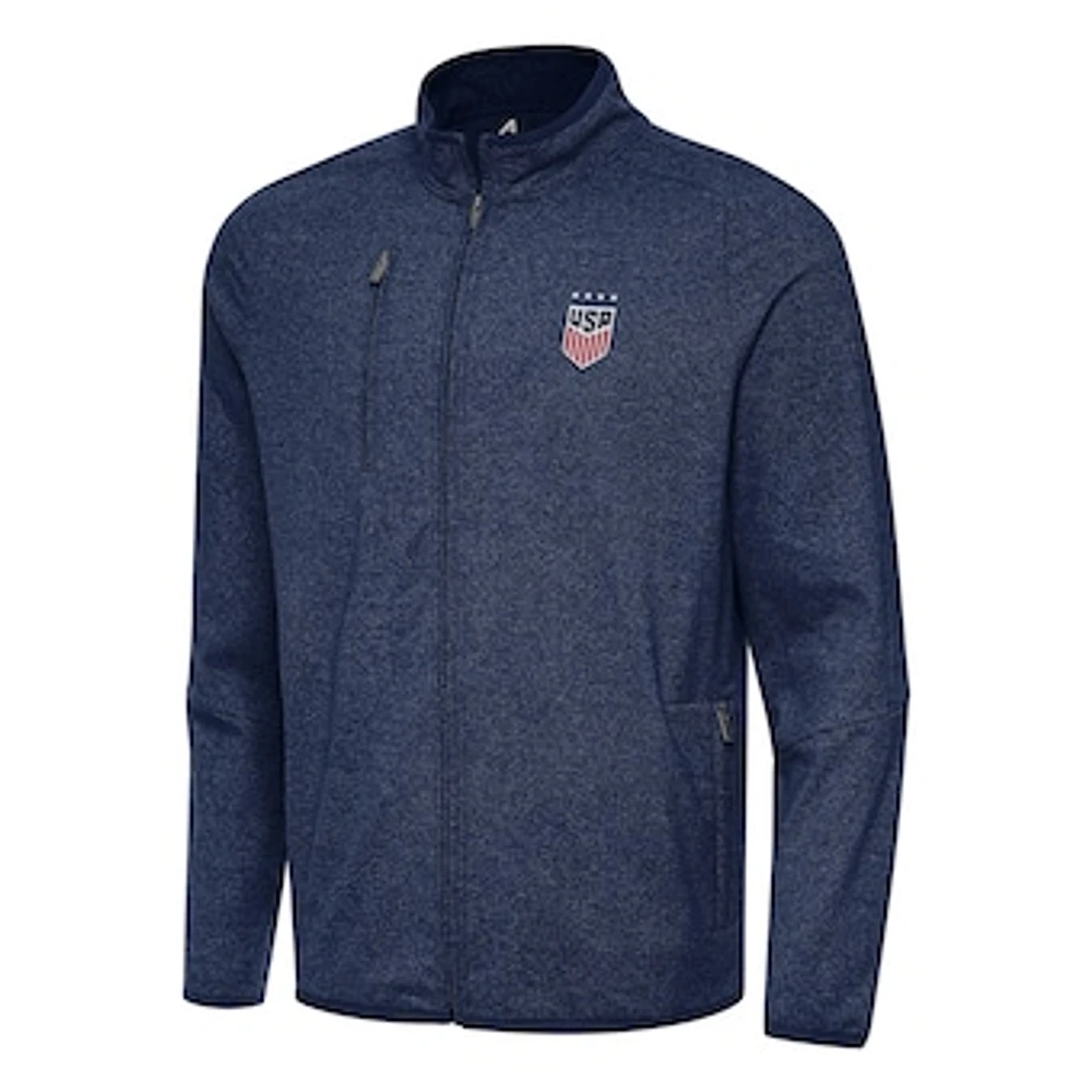 Men's Antigua Heather Navy USWNT Hold-Up Tri-Blend Full-Zip Jacket