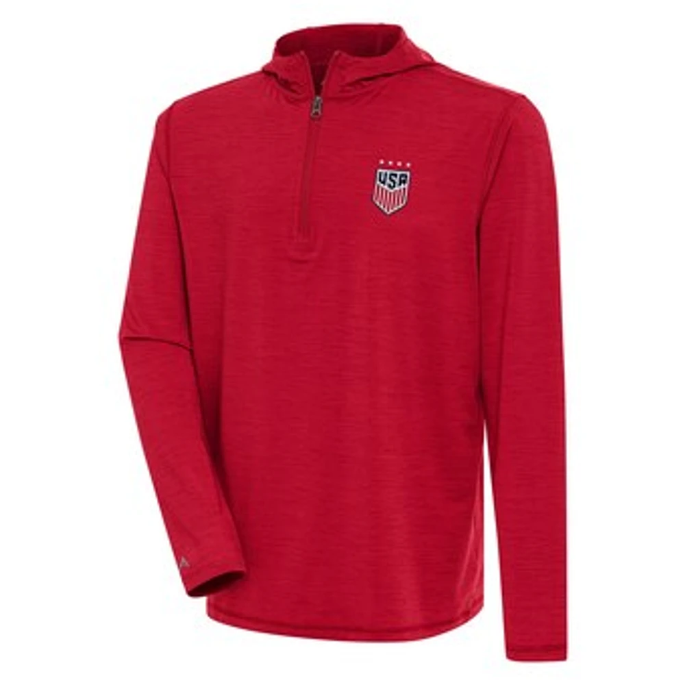 Men's Antigua Heather Red USWNT Tidy Quarter-Zip Hoodie