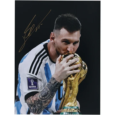 Lionel Messi Argentina National Team Autographed 12" x 16" 2022 FIFA World Cup Final Trophy Photograph - Signed in Gold