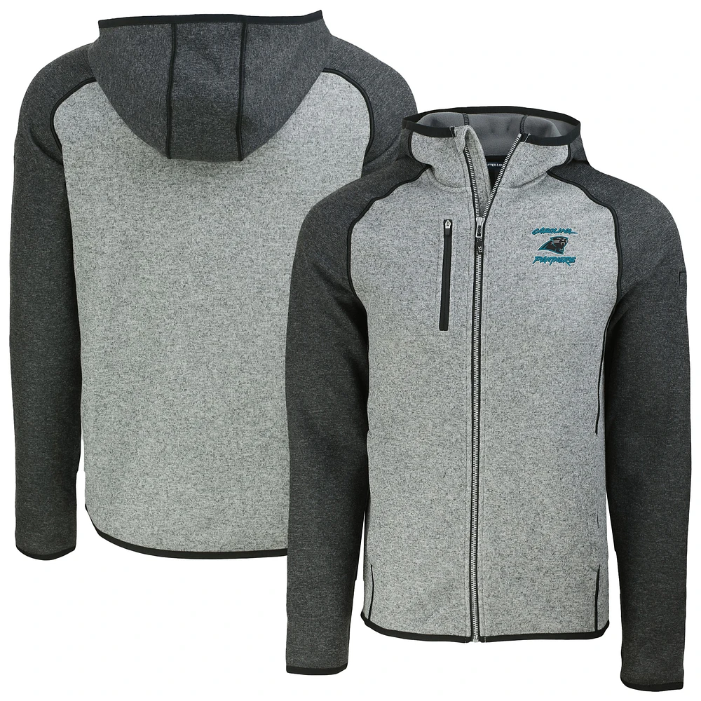 Men's Cutter & Buck Heather Gray Carolina Panthers Mainsail Hoodie Raglan Full-Zip Jacket