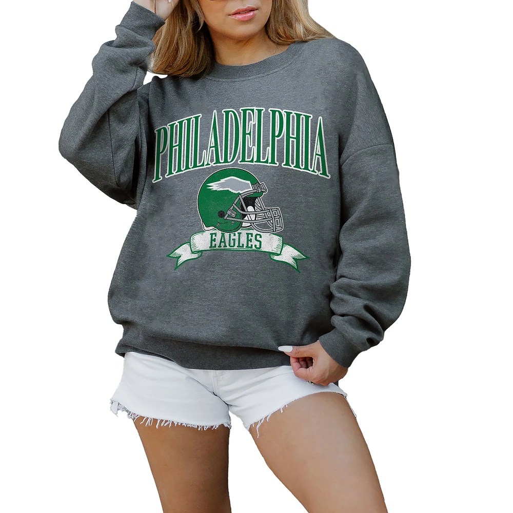 Women's Gameday Couture Charcoal Philadelphia Eagles Oversized Seal The Deal Premium Fleece Drop Shoulder Pullover Sweatshirt