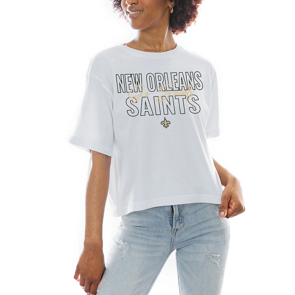 Women's Gameday Couture White New Orleans Saints Keep Playing Boxy Fit Cropped T-Shirt