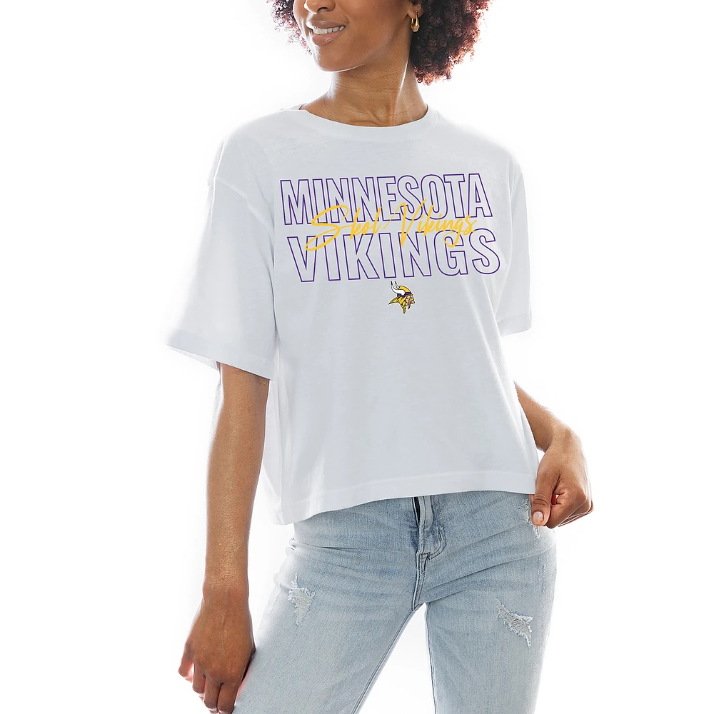 Women's Gameday Couture White Minnesota Vikings Keep Playing Boxy Fit Cropped T-Shirt