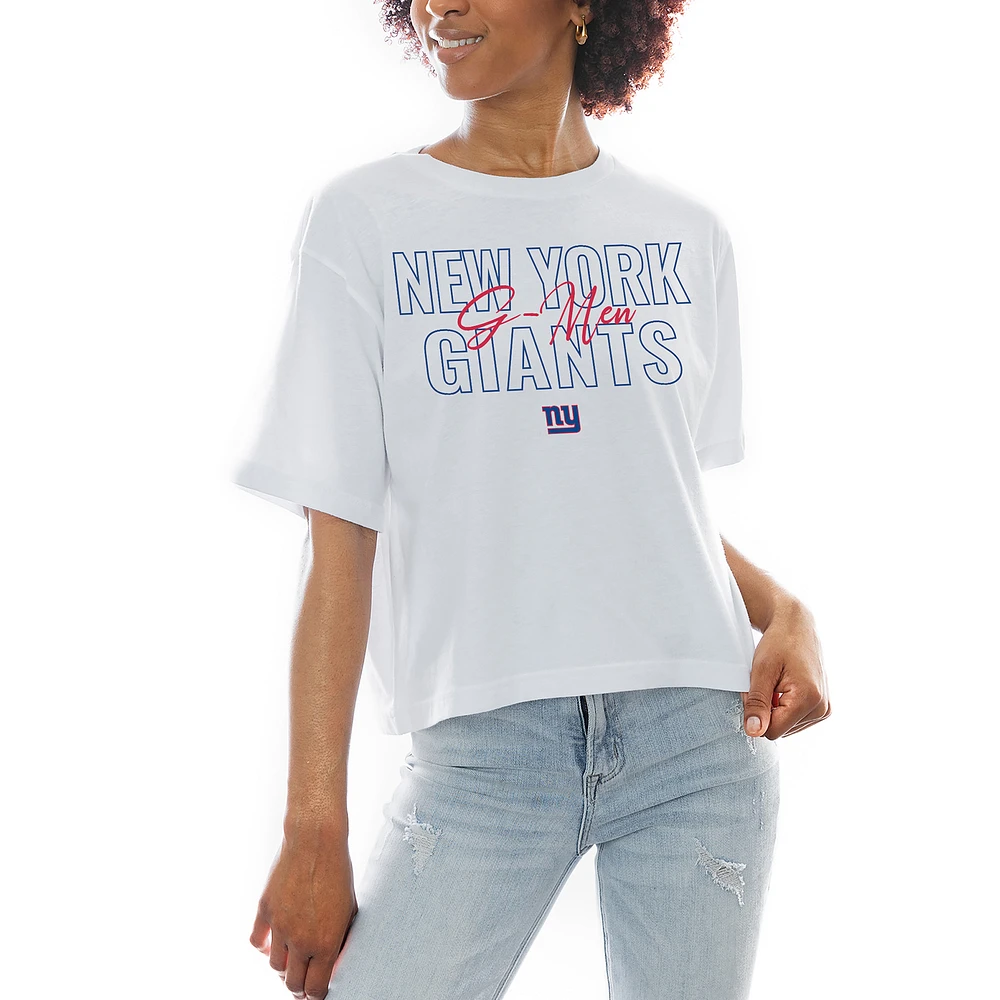 Women's Gameday Couture White New York Giants Keep Playing Boxy Fit Cropped T-Shirt