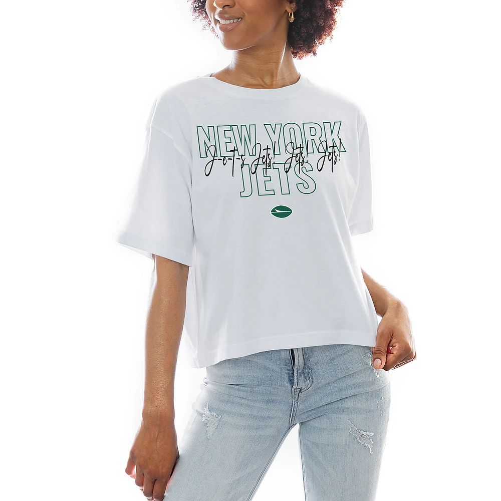 Women's Gameday Couture White New York Jets Keep Playing Boxy Fit Cropped T-Shirt