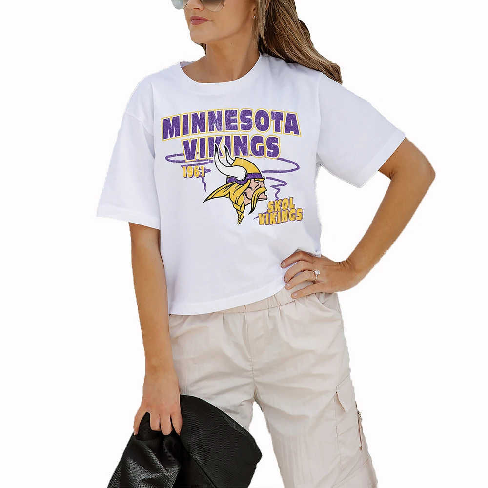 Women's Gameday Couture White Minnesota Vikings Goals Boxy Fit Cropped T-Shirt