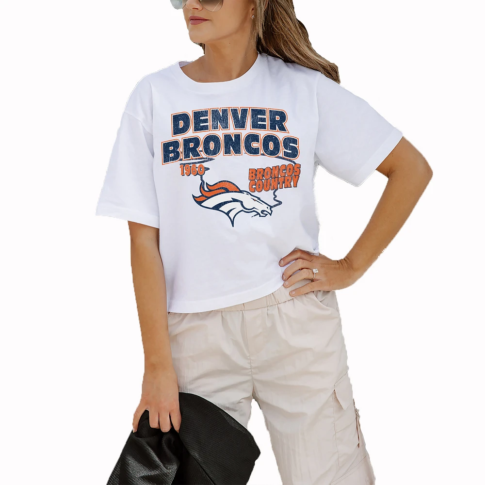 Women's Gameday Couture White Denver Broncos Goals Boxy Fit Cropped T-Shirt