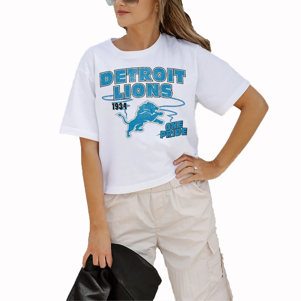 Women's Gameday Couture White Detroit Lions Goals Boxy Fit Cropped T-Shirt