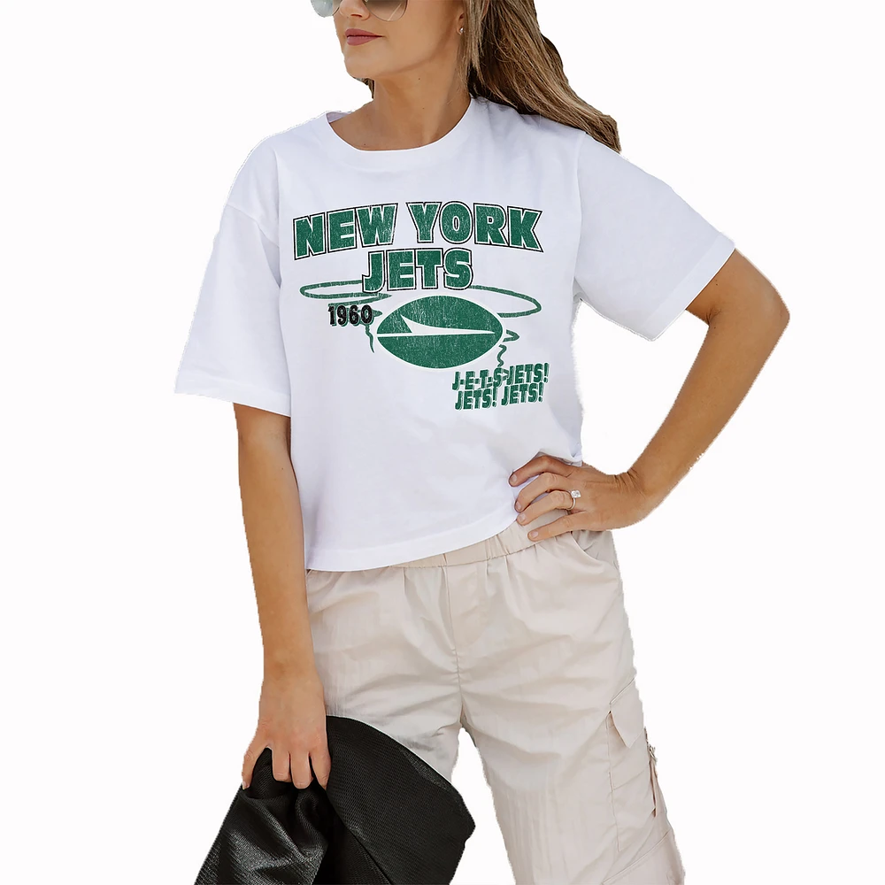 Women's Gameday Couture White New York Jets Goals Boxy Fit Cropped T-Shirt