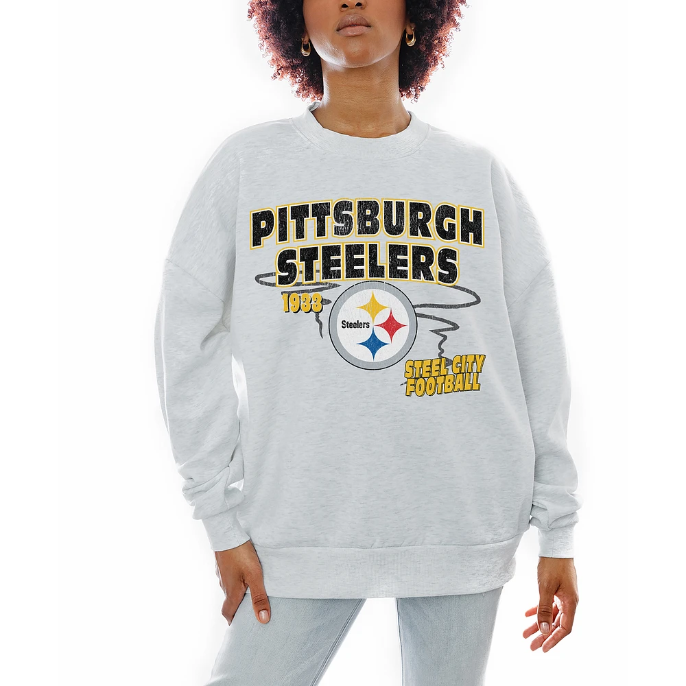 Women's Gameday Couture Ash Pittsburgh Steelers Gridiron Goals Premium Drop Shoulder Pullover Sweatshirt