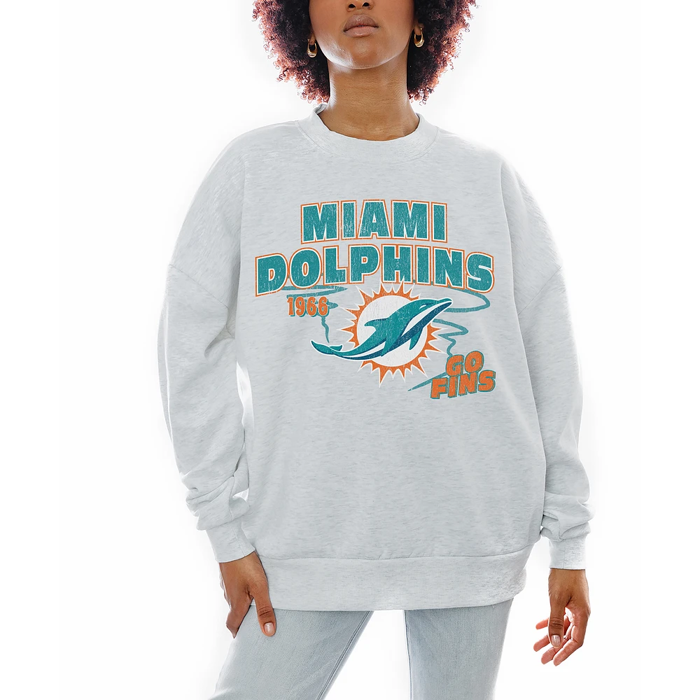 Women's Gameday Couture Ash Miami Dolphins Gridiron Goals Premium Drop Shoulder Pullover Sweatshirt