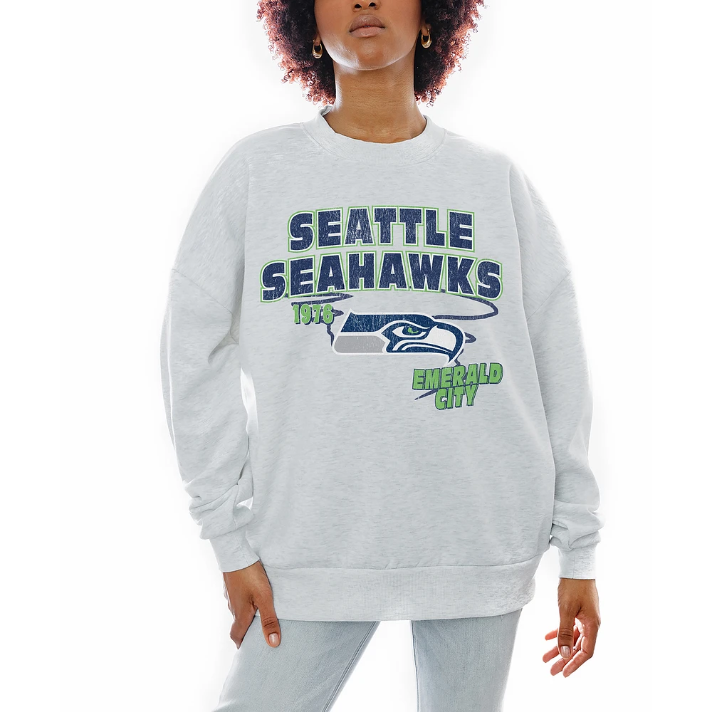 Women's Gameday Couture Ash Seattle Seahawks Gridiron Goals Premium Drop Shoulder Pullover Sweatshirt