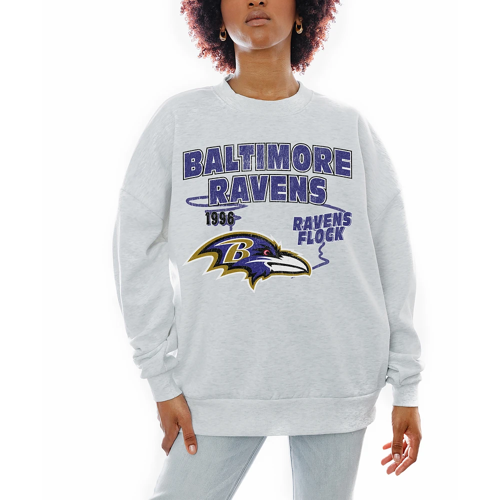 Women's Gameday Couture Ash Baltimore Ravens Gridiron Goals Premium Drop Shoulder Pullover Sweatshirt