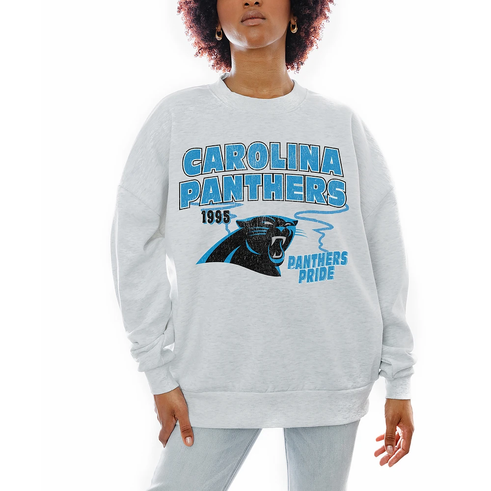 Women's Gameday Couture Ash Carolina Panthers Gridiron Goals Premium Drop Shoulder Pullover Sweatshirt
