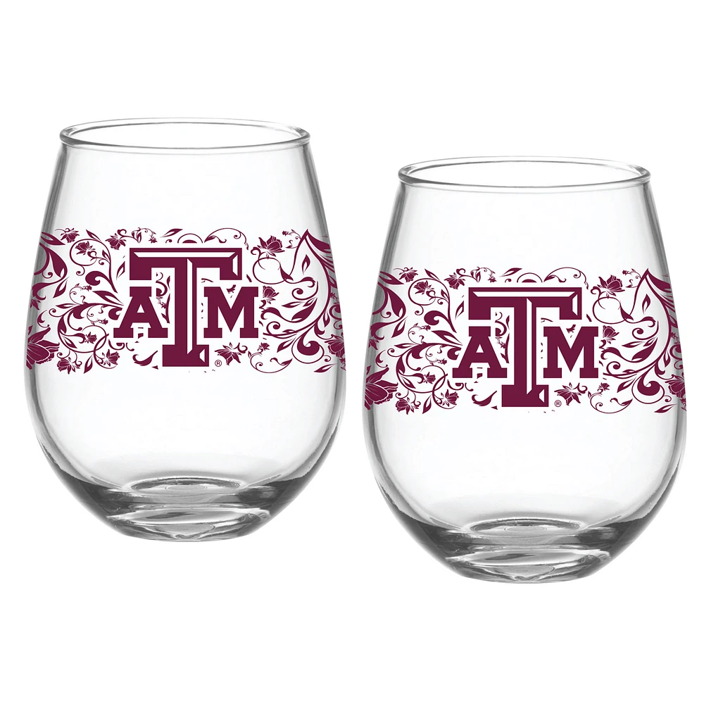 Texas A&M Aggies Two-Pack 15oz. Floral Stemless Glass Set