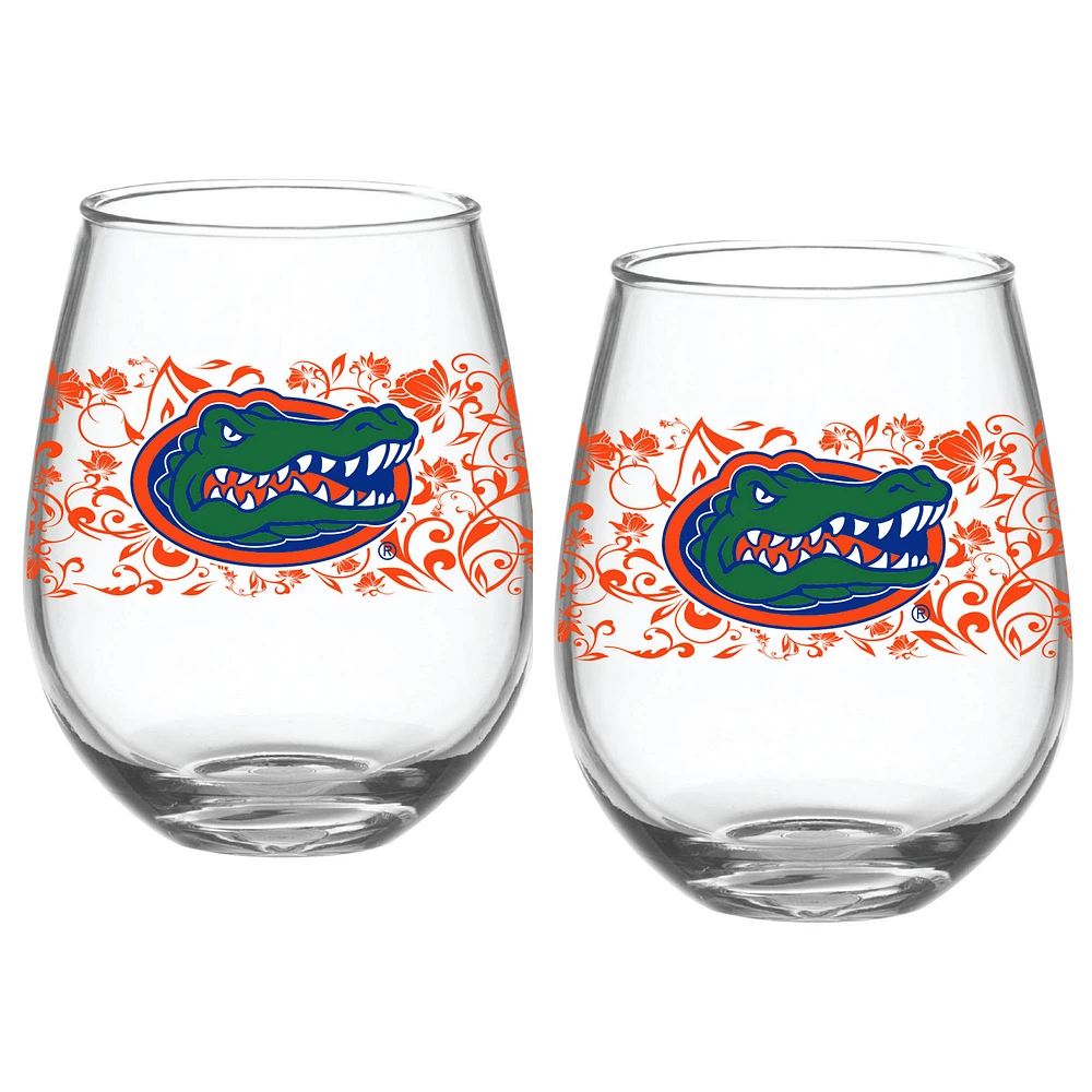 Florida Gators Two-Pack 15oz. Floral Stemless Glass Set