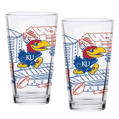 Kansas Jayhawks Two-Pack 16oz. Campus Line Art Pint Glass Set