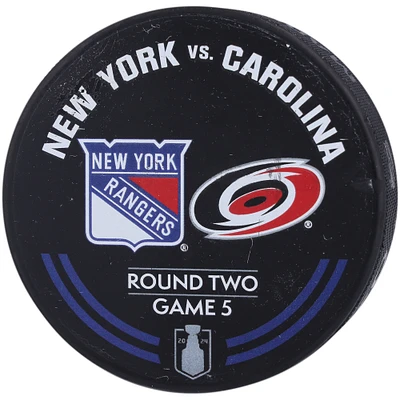 New York Rangers Practice-Used Warm-Up Puck from 2024 Stanley Cup Playoffs Second Round Game 5 vs. Carolina Hurricanes