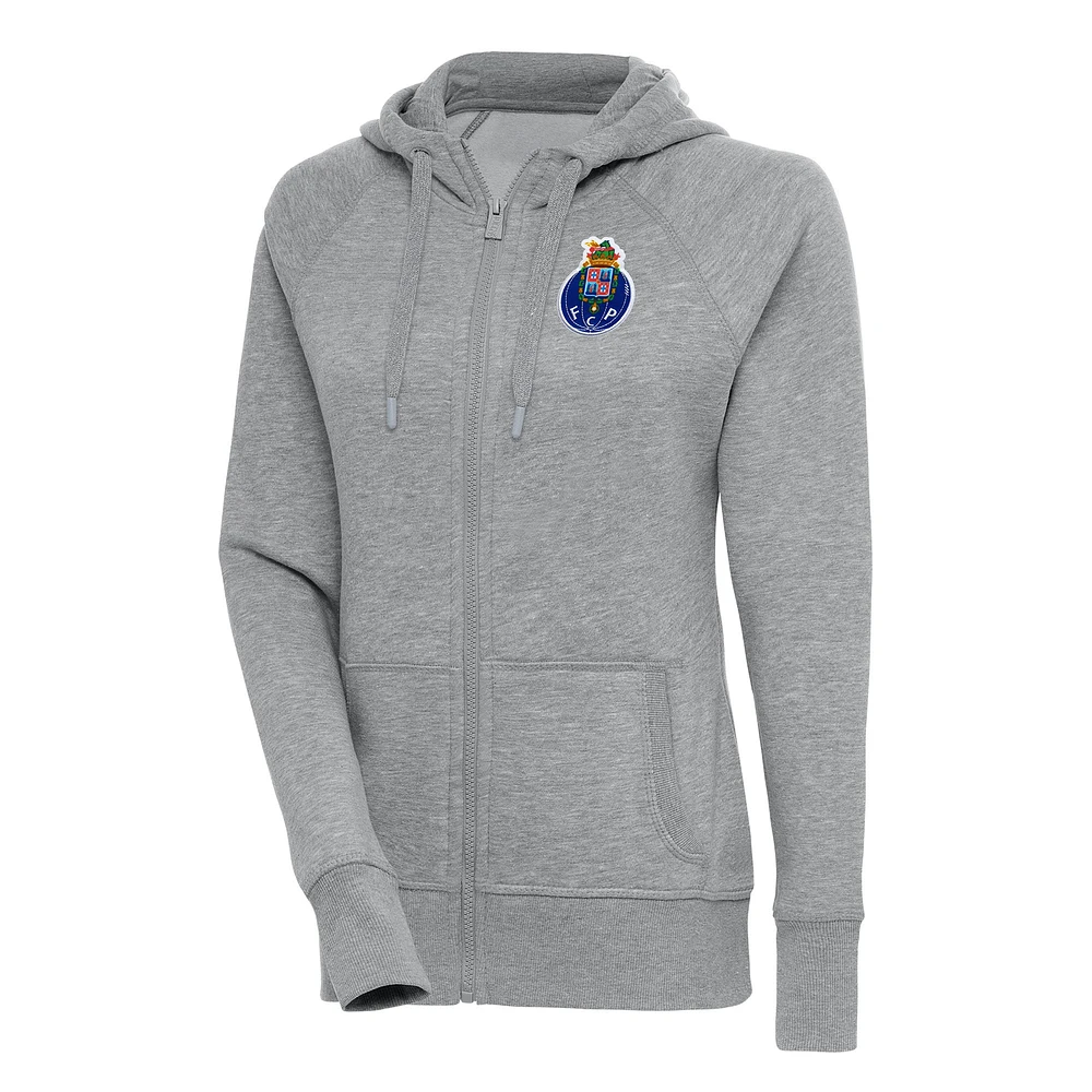 Women's Antigua Heather Gray FC Porto Takeover Raglan Full-Zip Hoodie