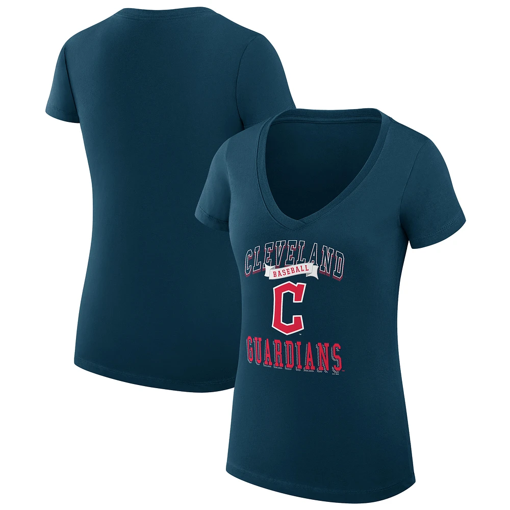 Women's G-III 4Her by Carl Banks Navy Cleveland Guardians Super-Slim Fit Lightweight Team Logo Graphic V-Neck T-Shirt