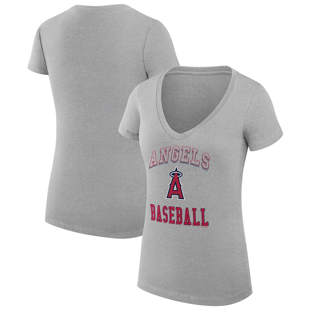 Women's G-III 4Her by Carl Banks Heather Gray Los Angeles Angels Super-Slim Fit Lightweight Team Logo Graphic V-Neck T-Shirt