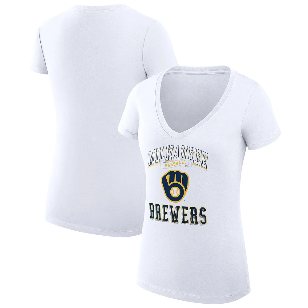 Women's G-III 4Her by Carl Banks White Milwaukee Brewers Super-Slim Fit Lightweight Team Logo Graphic V-Neck T-Shirt