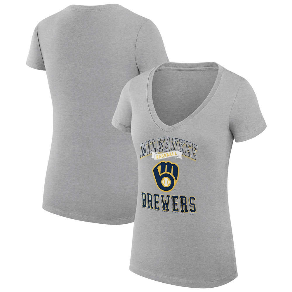 Women's G-III 4Her by Carl Banks Heather Gray Milwaukee Brewers Super-Slim Fit Lightweight Team Logo Graphic V-Neck T-Shirt