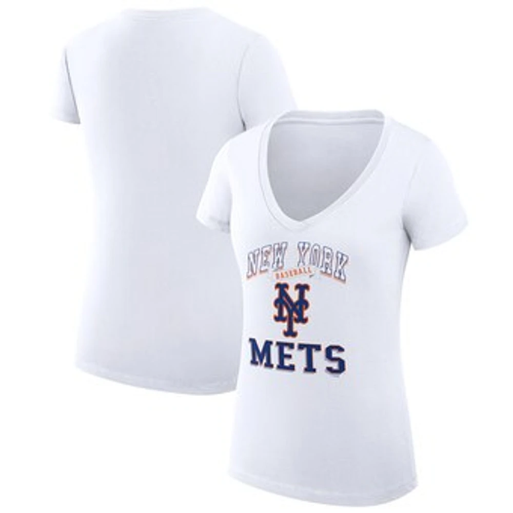 Women's G-III 4Her by Carl Banks White New York Mets Super-Slim Fit Lightweight Team Logo Graphic V-Neck T-Shirt