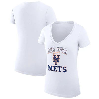 Women's G-III 4Her by Carl Banks White New York Mets Super-Slim Fit Lightweight Team Logo Graphic V-Neck T-Shirt
