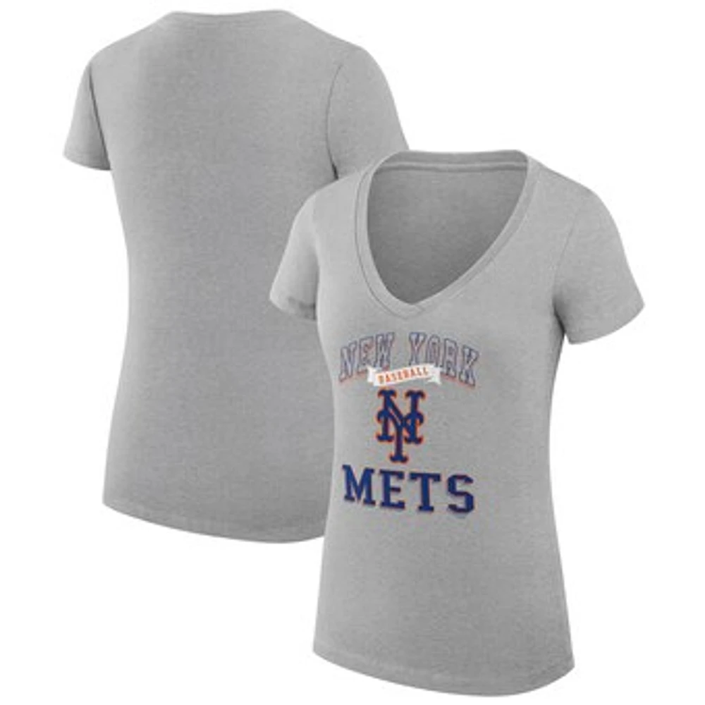 Women's G-III 4Her by Carl Banks Heather Gray New York Mets Super-Slim Fit Lightweight Team Logo Graphic V-Neck T-Shirt