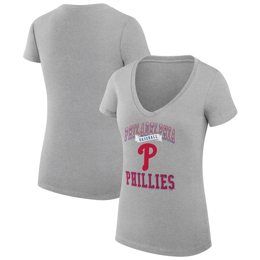 Women's G-III 4Her by Carl Banks Heather Gray Philadelphia Phillies Super-Slim Fit Lightweight Team Logo Graphic V-Neck T-Shirt