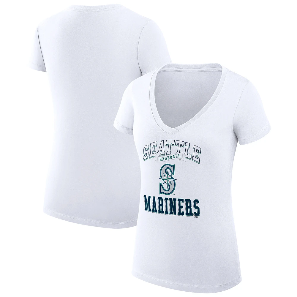 Women's G-III 4Her by Carl Banks White Seattle Mariners Super-Slim Fit Lightweight Team Logo Graphic V-Neck T-Shirt