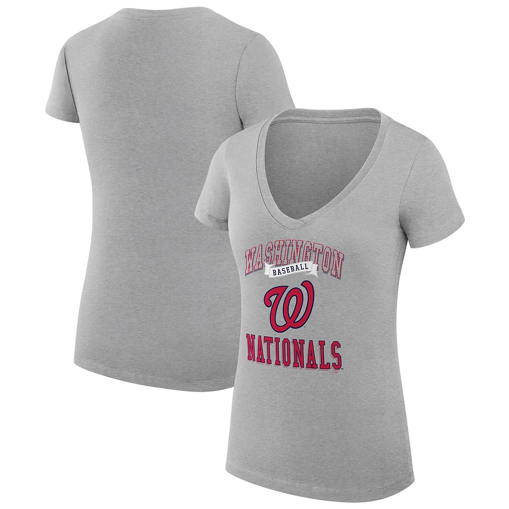 Women's G-III 4Her by Carl Banks Heather Gray Washington Nationals Super-Slim Fit Lightweight Team Logo Graphic V-Neck T-Shirt