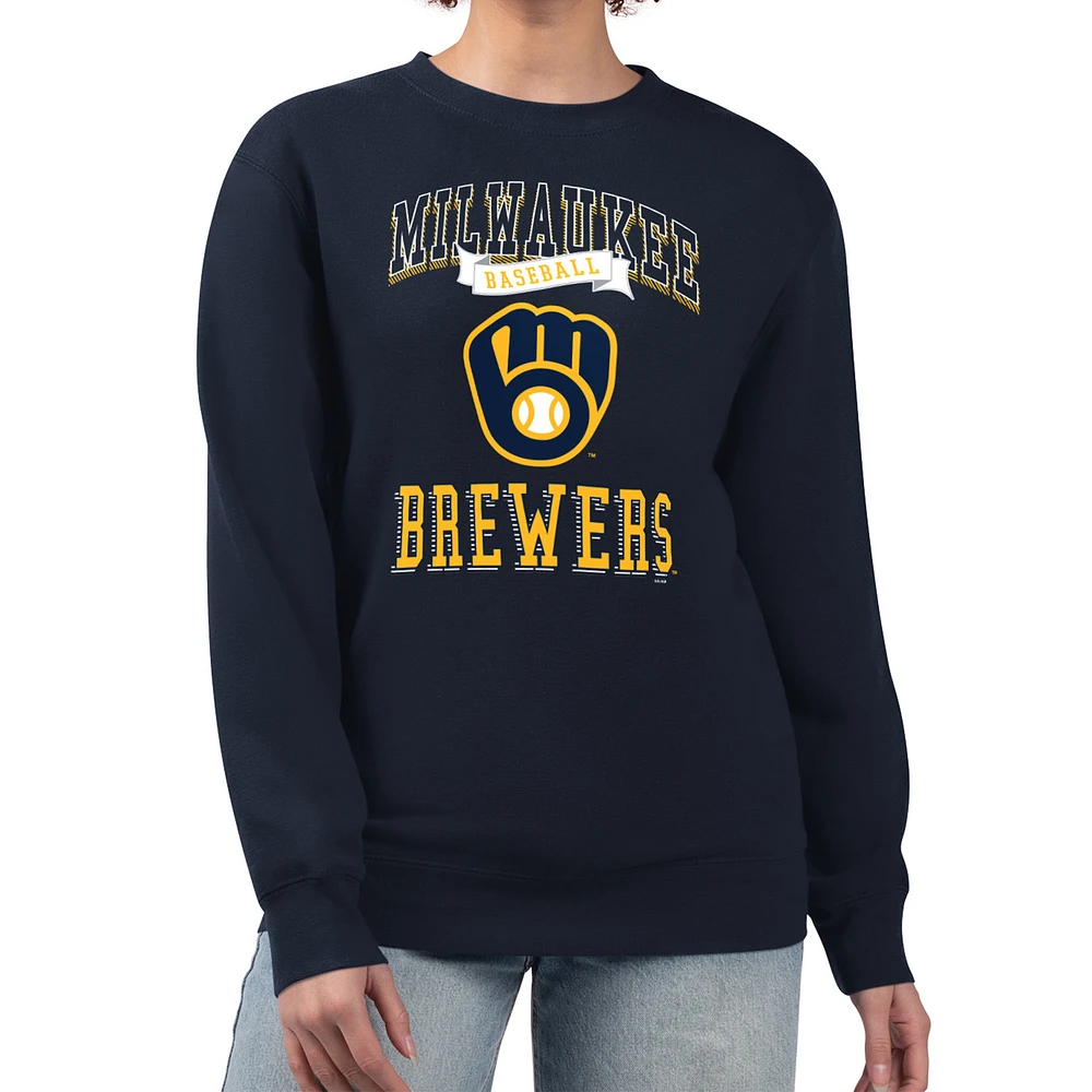 Women's G-III 4Her by Carl Banks Navy Milwaukee Brewers Team Logo Graphic Tri-Blend Fleece Pullover Sweatshirt