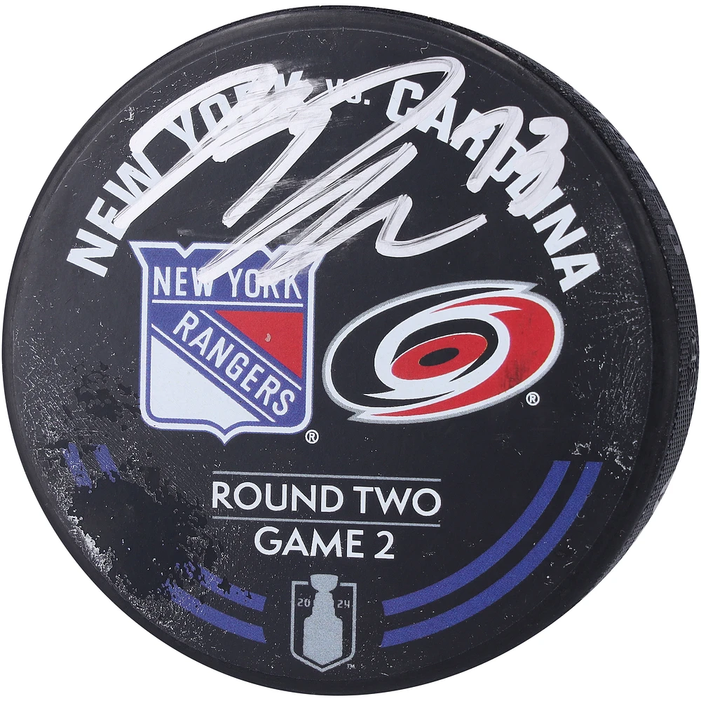 Matt Rempe New York Rangers Autographed Practice-Used Warm-Up Puck from Game 2 of the Second Round During the 2024 Stanley Cup Playoffs vs. Carolina Hurricanes