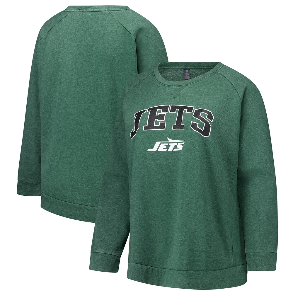 Women's Fanatics Heather Green New York Jets Acid Wash Raglan Pullover Sweatshirt