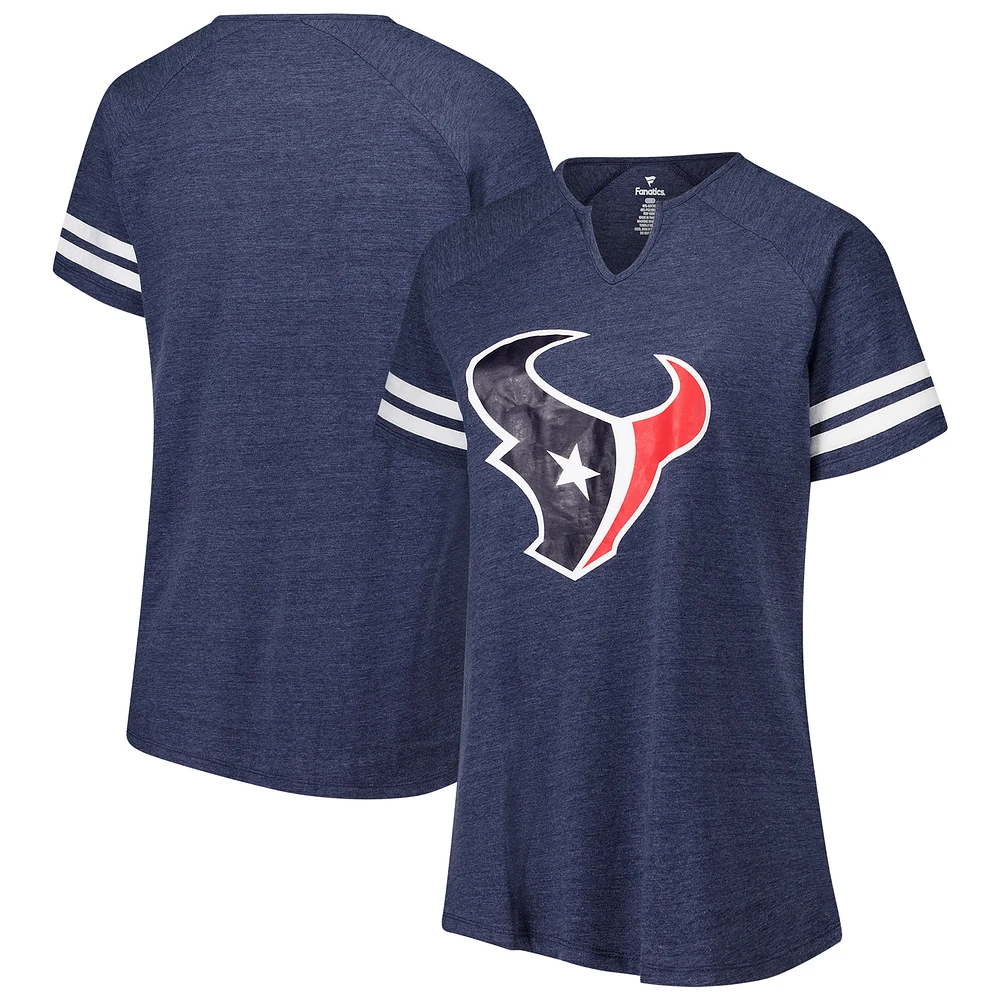 Women's Fanatics Navy Houston Texans Plus Size Striped Raglan Notch Neck T-Shirt
