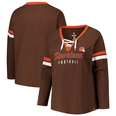 Women's Fanatics Brown Cleveland Browns Plus Won & Done Lace-Up V-Neck Long Sleeve T-Shirt