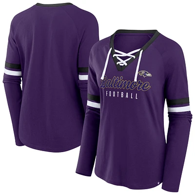 Women's Fanatics Purple Baltimore Ravens Plus Won & Done Lace-Up V-Neck Long Sleeve T-Shirt