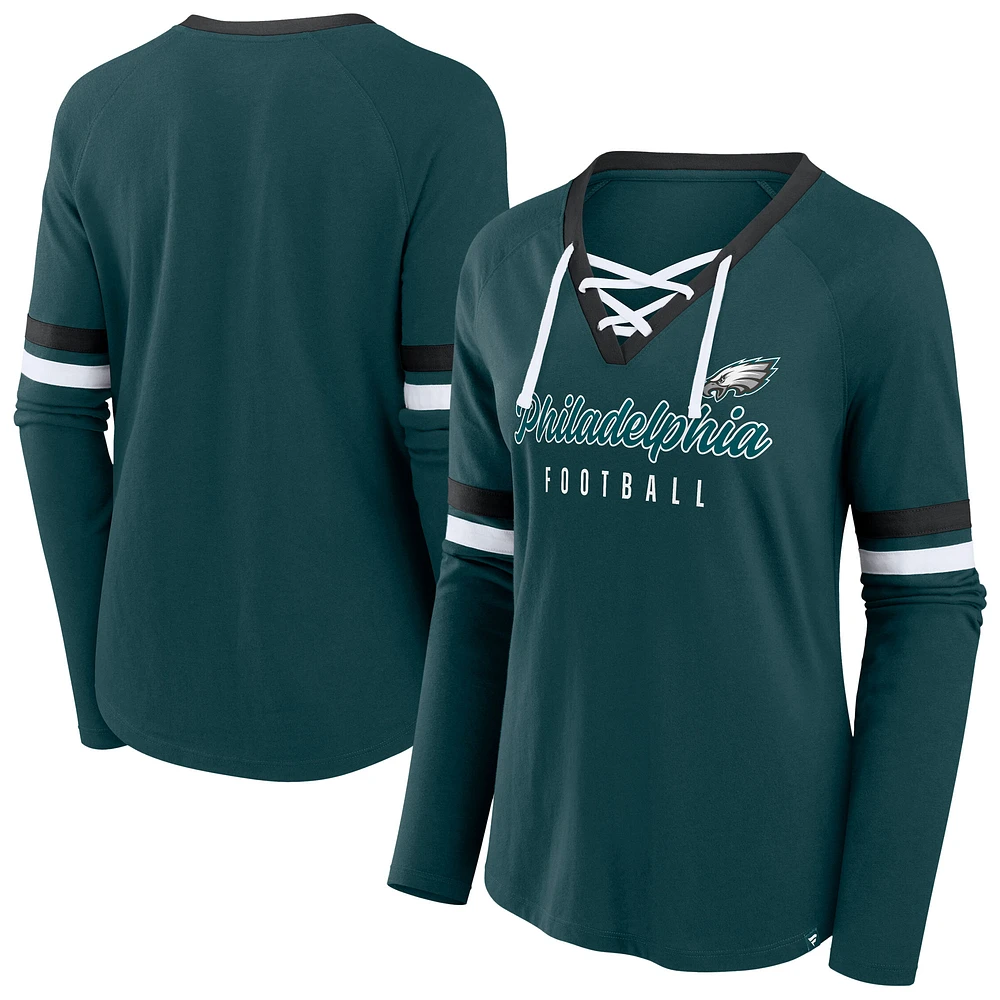 Women's Fanatics Green Philadelphia Eagles Plus Size Won & Done Lace-Up V-Neck Long Sleeve T-Shirt