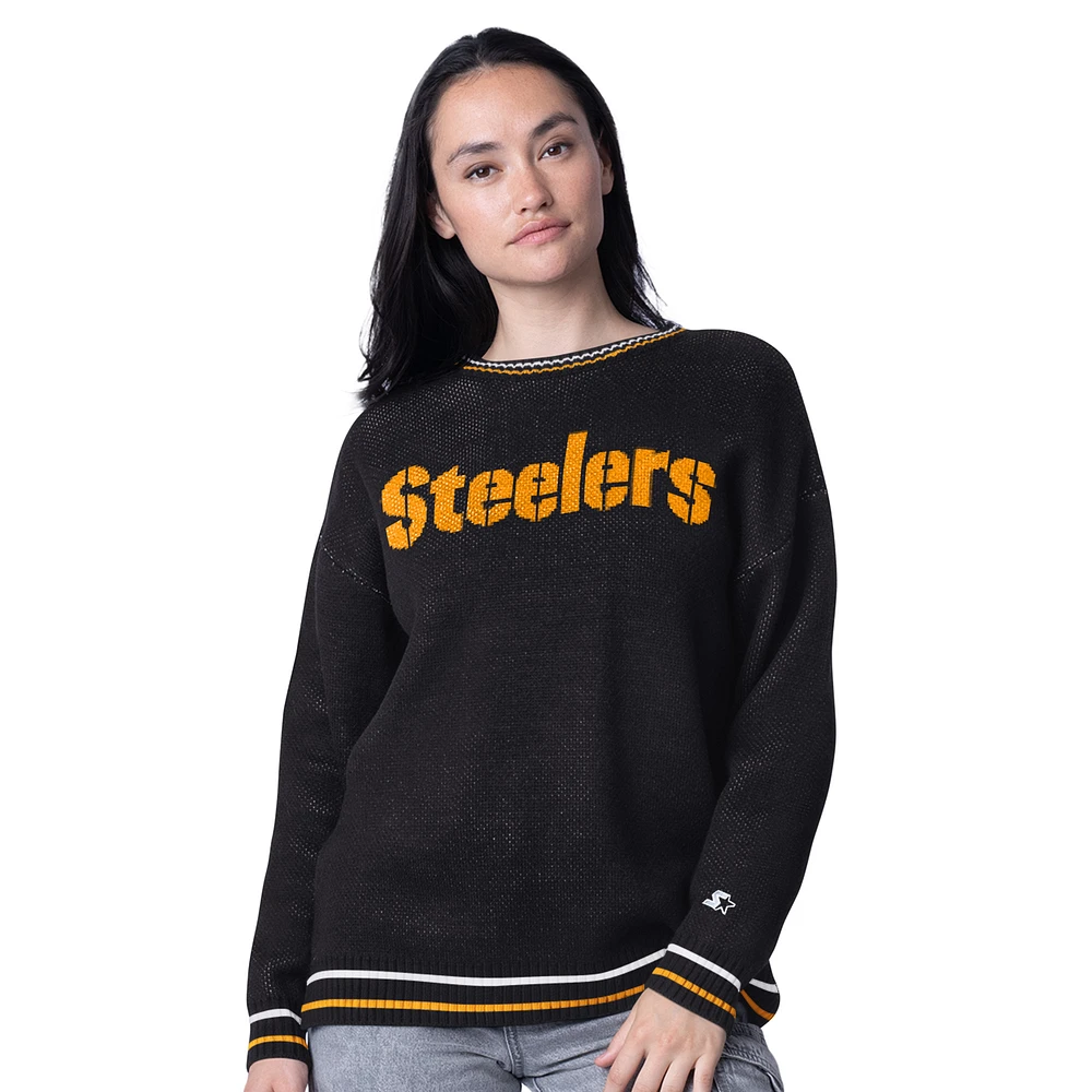 Women's Starter Black Pittsburgh Steelers Oversized On the Ball Intarsia Knit Pullover Sweater