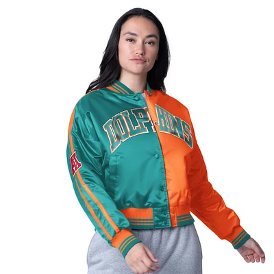 Women's Starter Aqua/Orange Miami Dolphins Zone Blitz Cropped Full-Snap Satin Jacket